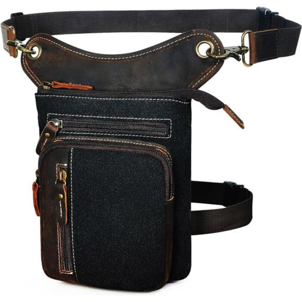 Stylish Canvas Leather Motorcycle Fanny Pack Waist Bag